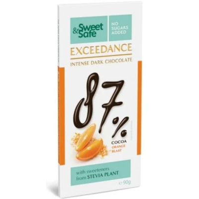 Плиточный темный шоколад без сахара SWEET & SAFE Exceedance Dark Chocolate & Orange 87% 90г с апельсином