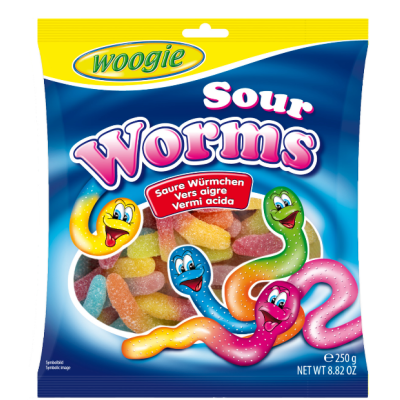 Жевательные конфеты Woogie Sour Worms 250г веселые змейки