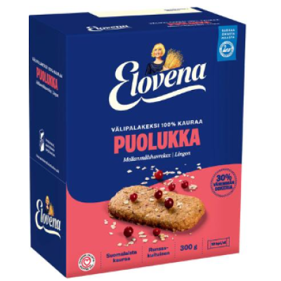 Овсяно-клюквенный цельнозерновой снек Elovena valipalakeksi 100% kauraa Puolukka 10X30г