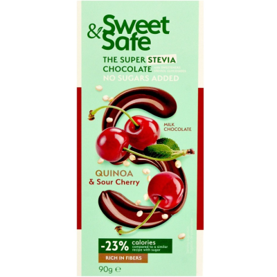 Шоколад молочный с вишней Sweet&Safe Milk Chocolate Quinoa-Cherry No Added Sugar 90г Stevia без сахара