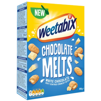 Хрустящие цельнозерновые подушечки Weetabix Melts valkosuklaa 360г с начинкой из белого шоколада