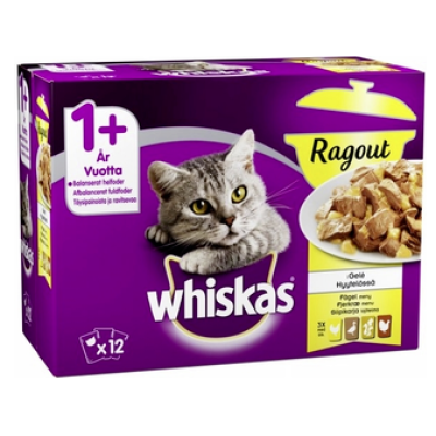 Полнорационный корм для взрослых кошек Whiskas 1+ Ragout 12x85г птица в желе 