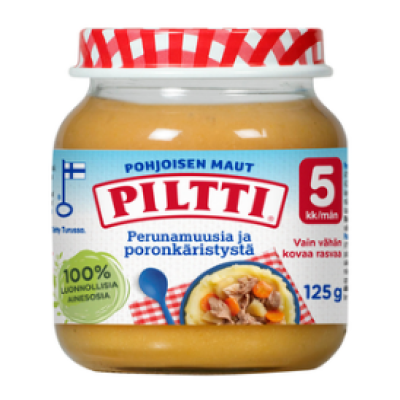 Детское питание Piltti Perunamuusia Ja Poronkaristysta 125 г картофель с олениной и свининой с 5 месяцев